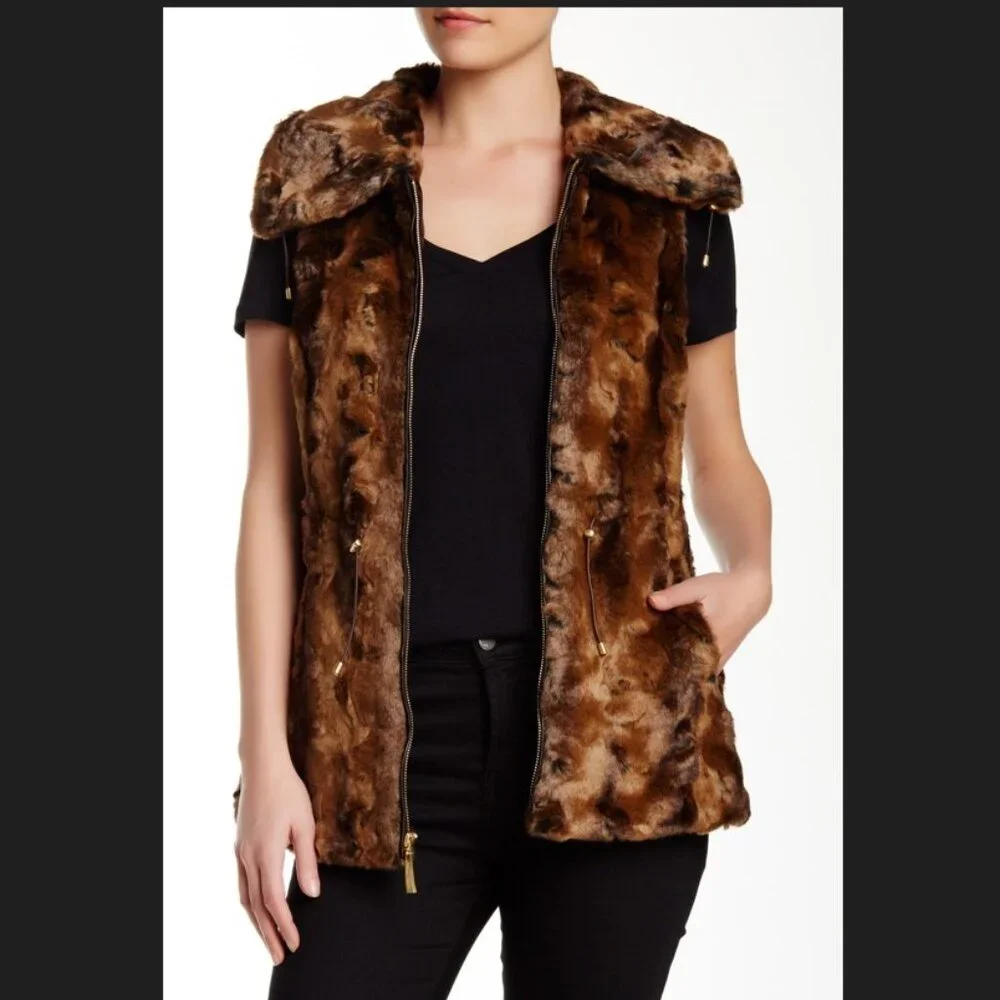 Ellen Tracy NEW VEST Crushed Faux Fur Women's L Drawstring Waist BROWN BLACK NWT - Picture 1 of 16